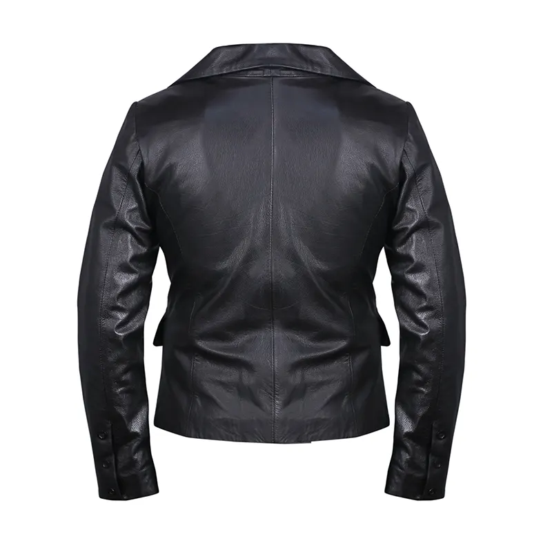 Women's Double-Breasted Black Leather Blazer - Image 2