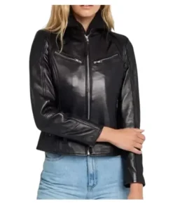 Women's Black Leather Jacket With Hood