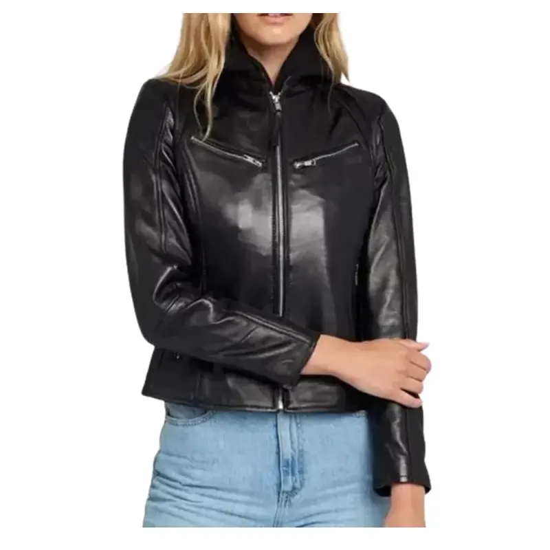 Women's Black Leather Jacket With Hood