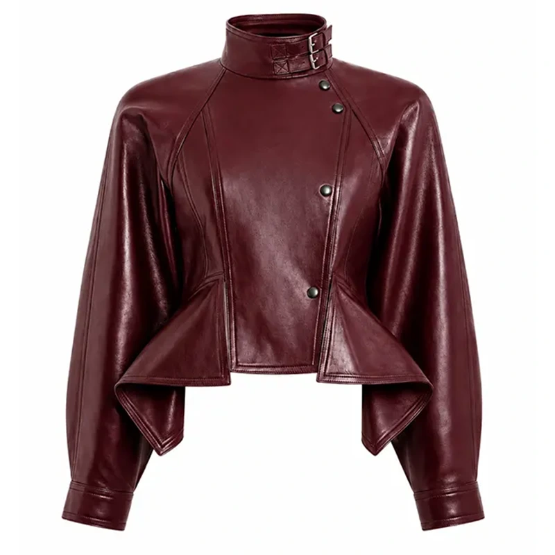 Women's Burgundy Cropped Leather Pilot Jacket