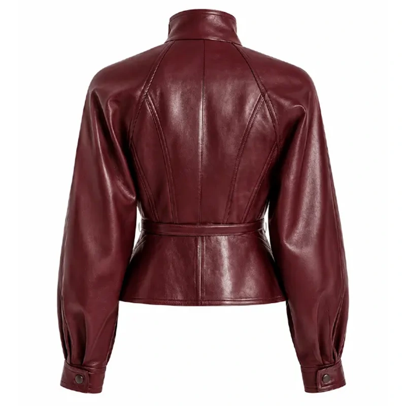 Women's Burgundy Cropped Leather Pilot Jacket - Image 2