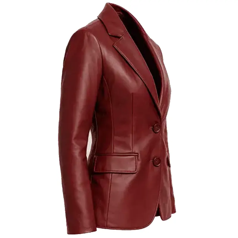 Women’s Burgundy Maroon Lambskin Leather Blazer - Image 2