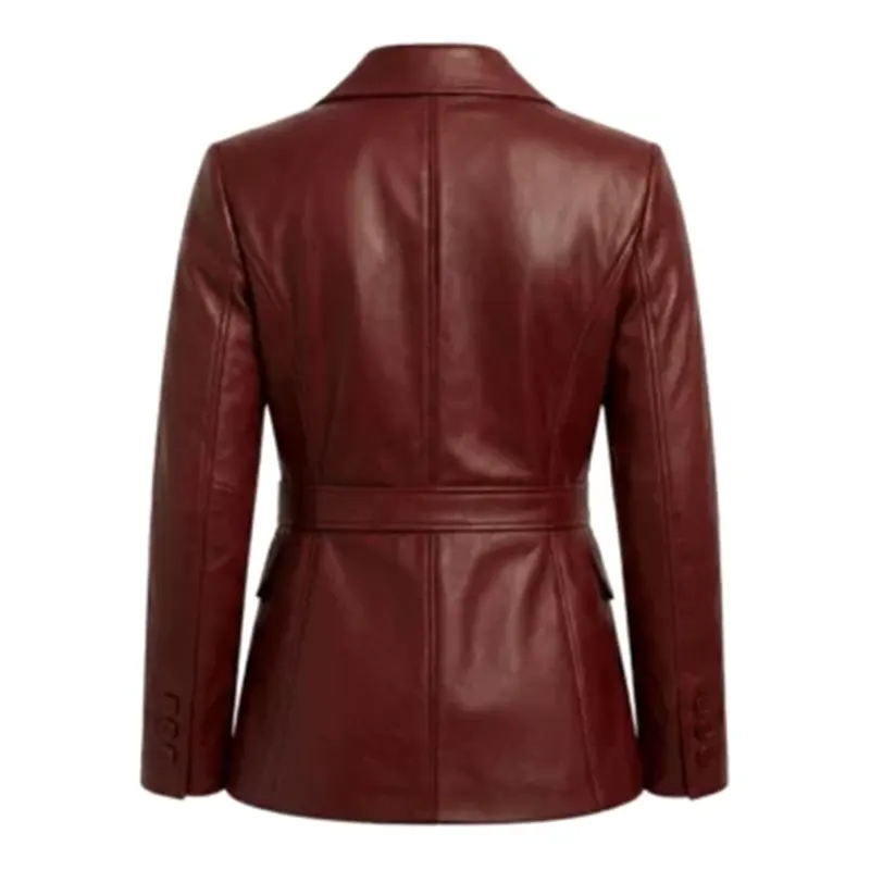 Women’s Burgundy Maroon Lambskin Leather Blazer - Image 3