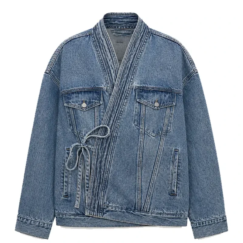 Women's Cotton Lapel Wrap Denim Jacket