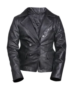 Women's Double-Breasted Black Leather Blazer