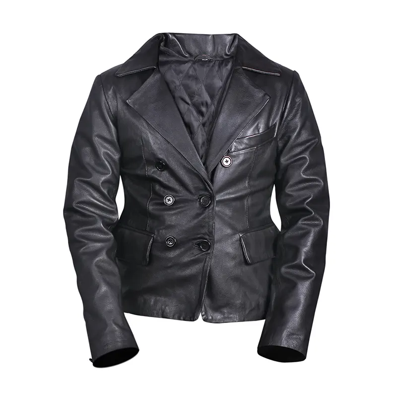 Women's Double-Breasted Black Leather Blazer