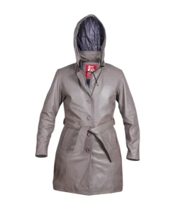 Women's Grey Hooded Leather Overcoat With Belt