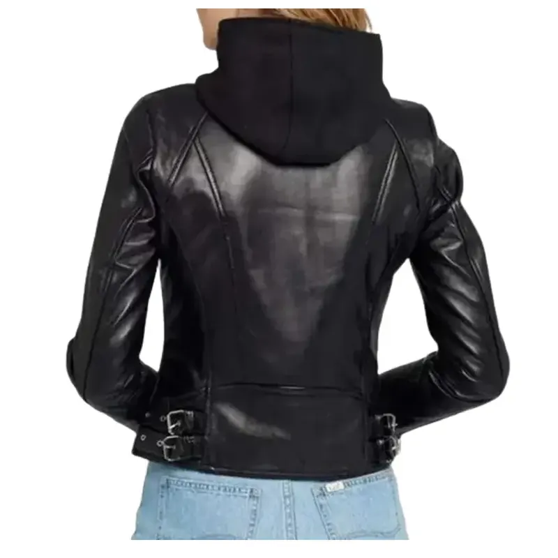 Women's Black Leather Jacket With Hood - Image 2
