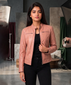 Women's Light Pink Cafe Racer Leather Jacket