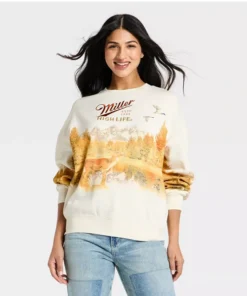 Women's Miller High Life Crewneck Miller Run Through Graphic Pullover Sweatshirt
