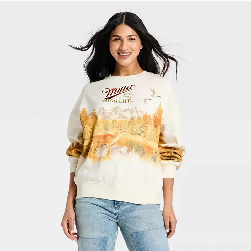 Women's Miller High Life Crewneck Miller Run Through Graphic Pullover Sweatshirt