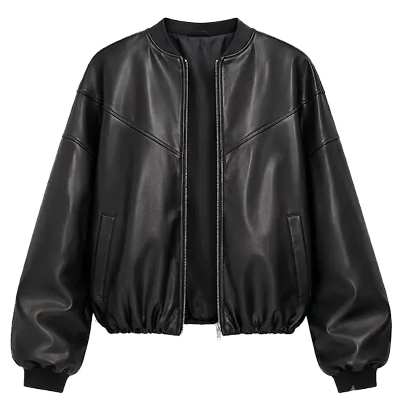 Women's Oversized Black Faux Leather Bomber Jacket