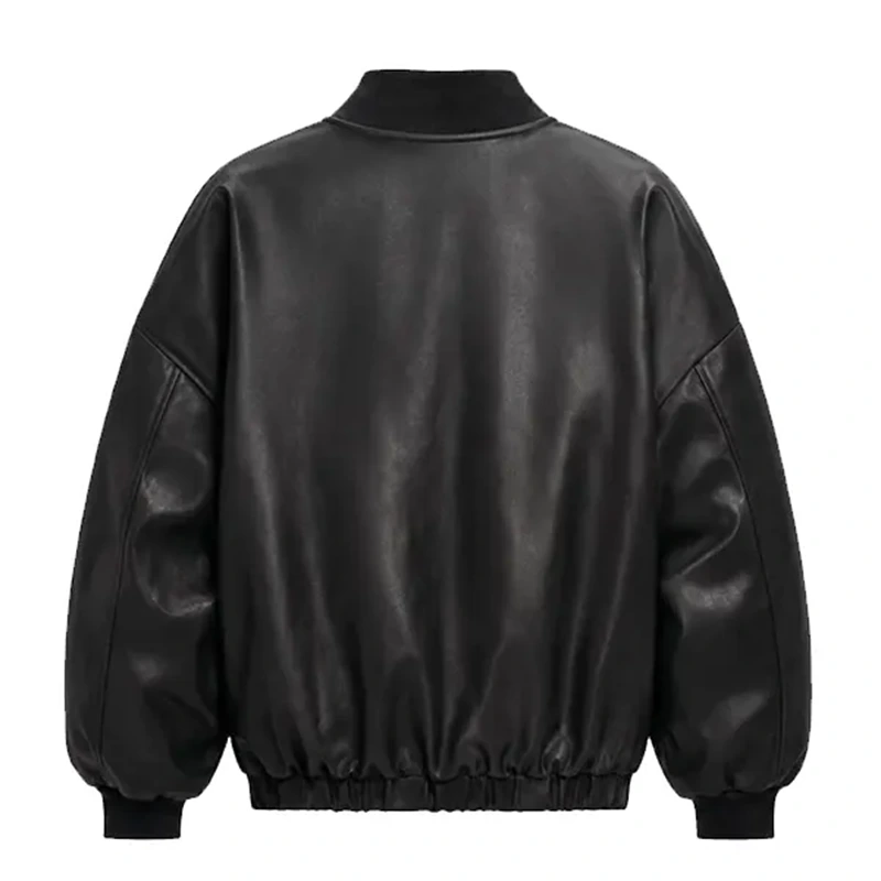 Women's Oversized Black Faux Leather Bomber Jacket - Image 2