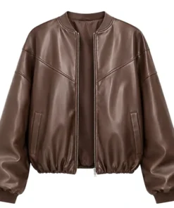 Women's Oversized Brown Faux Leather Bomber Jacket