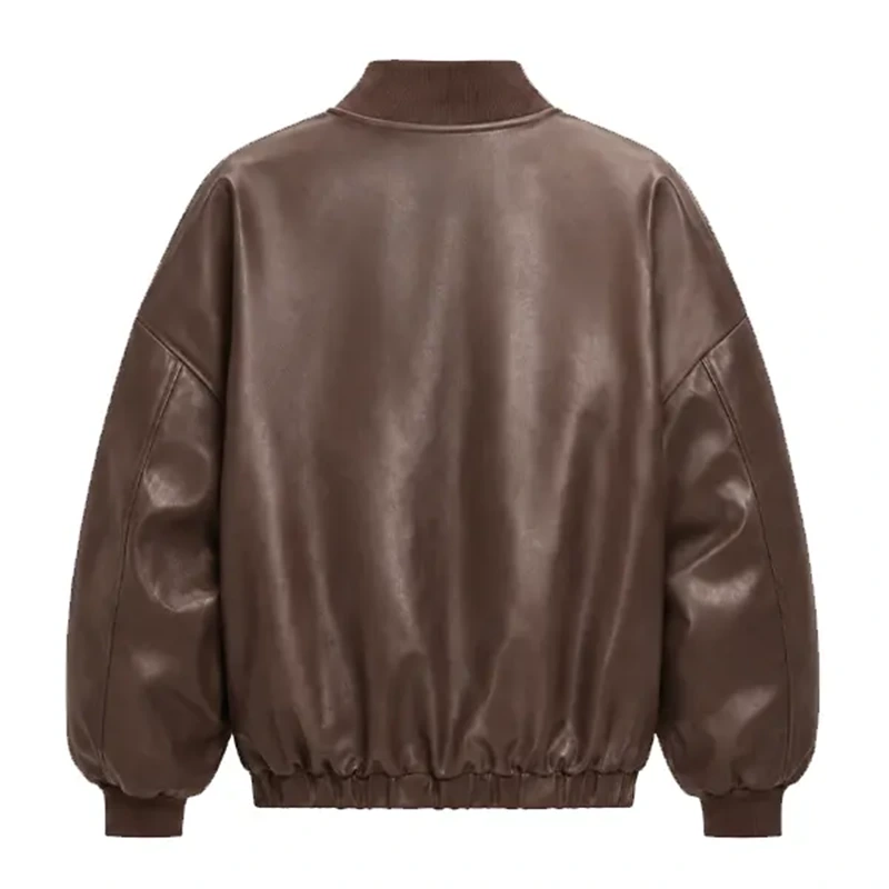 Women's Oversized Brown Faux Leather Bomber Jacket - Image 2