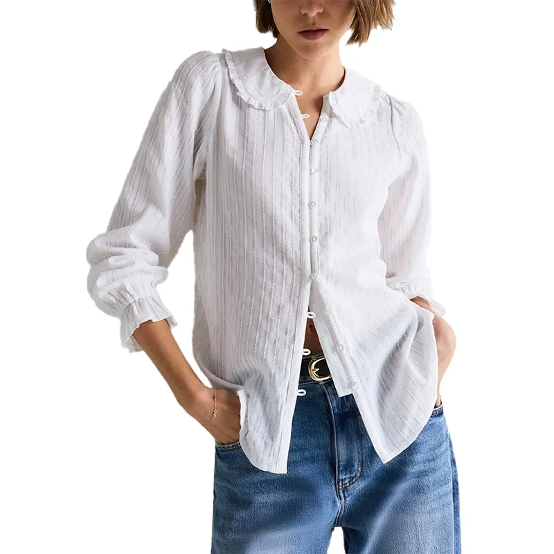 Women's Quince Embroidered Cotton Ruffle Collar Long Sleeve Blouse - Image 5