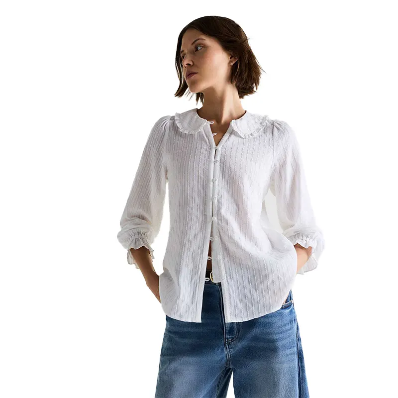 Women's Quince Embroidered Cotton Ruffle Collar Long Sleeve Blouse