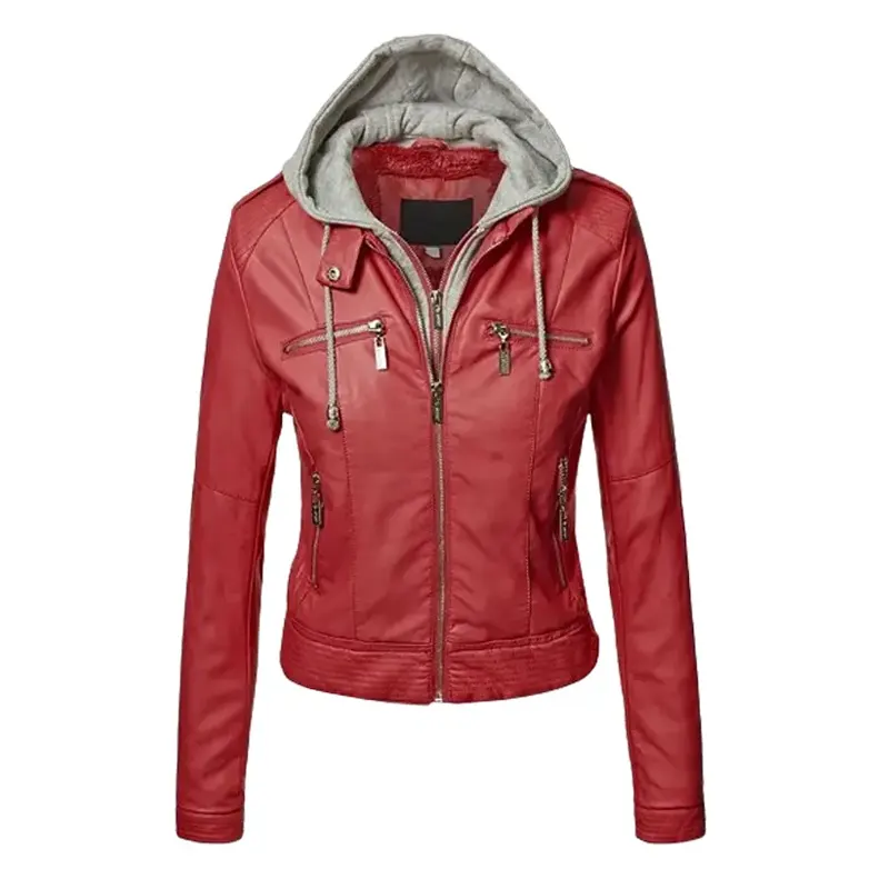 Women's Slim Fit Hooded Leather Jacket