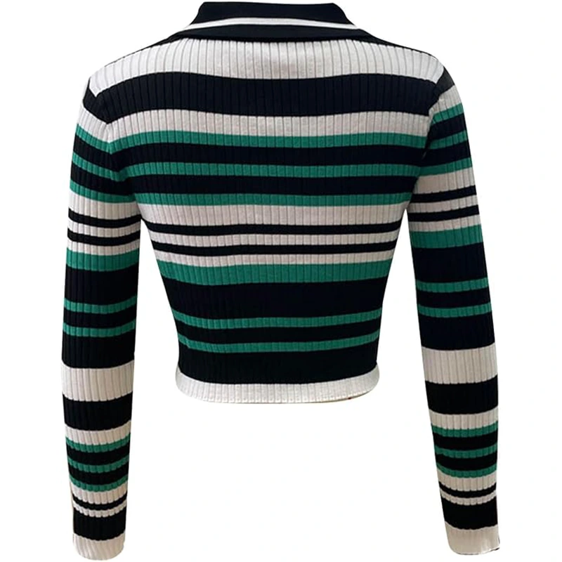 Women's Vintage Striped Color Block Button Knit Sweater - Image 2