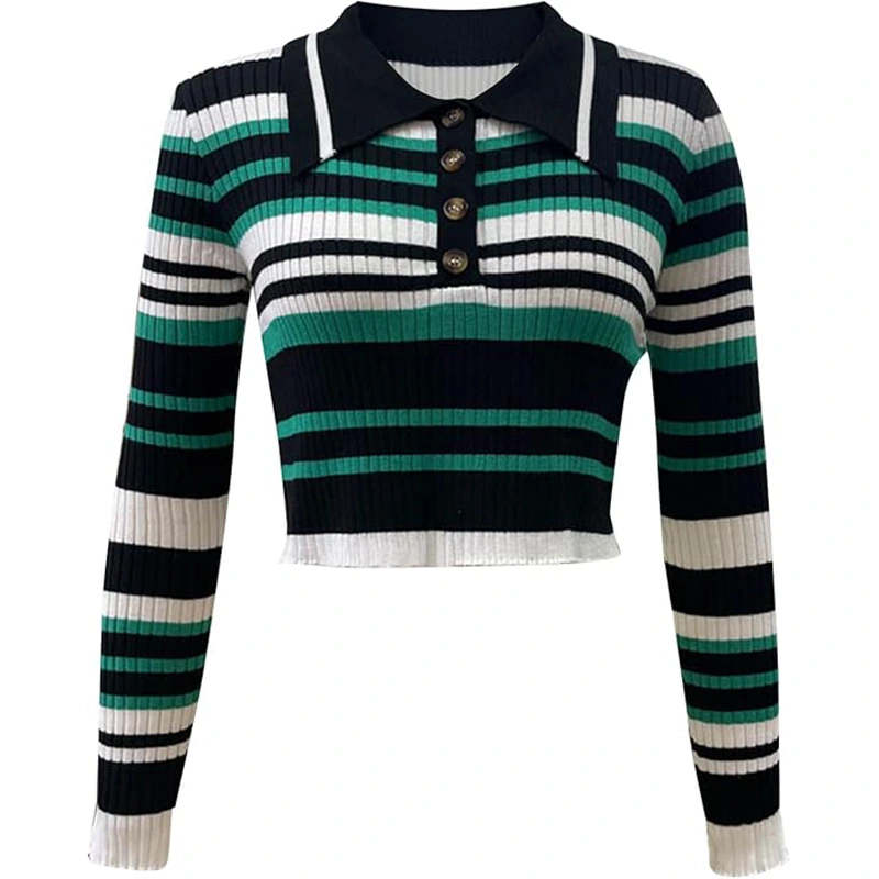 Women's Vintage Striped Color Block Button Knit Sweater