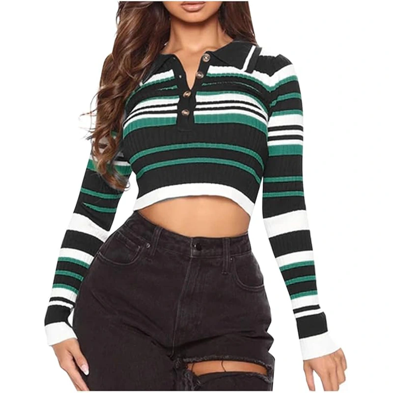 Women's Vintage Striped Color Block Button Knit Sweater - Image 4