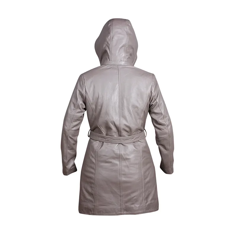 Women's Grey Hooded Leather Overcoat With Belt - Image 3