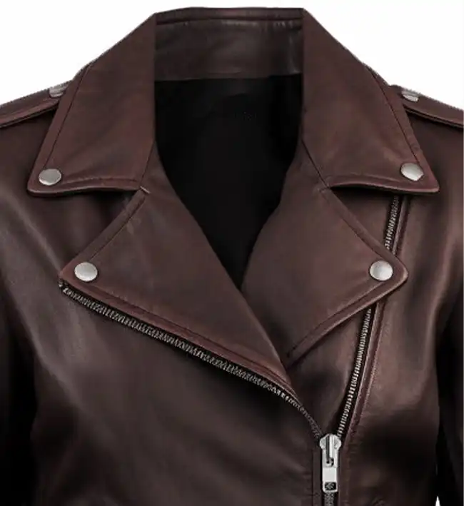 Women's Biker Leather Jacket Dark Brown - Image 3