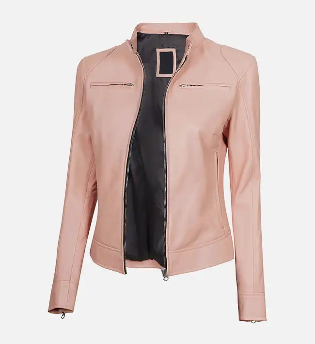 Women's Light Pink Cafe Racer Leather Jacket - Image 3