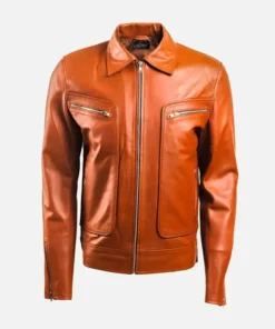 Men's Brown Leather Jacket with Zip Pocket