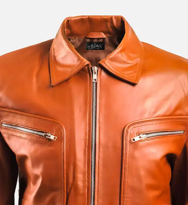 Men's Brown Leather Jacket with Zip Pocket - Image 3