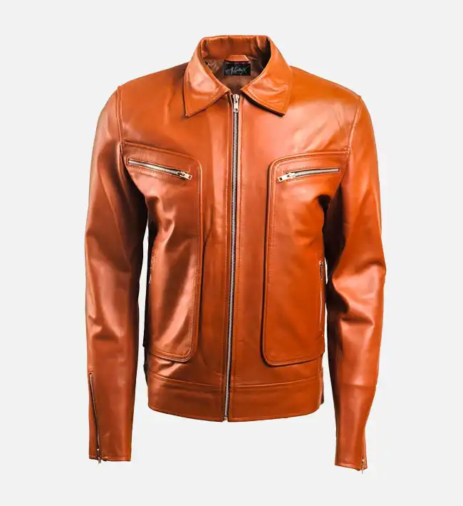 Men's Brown Leather Jacket with Zip Pocket