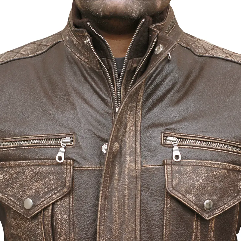 Men's Biker Cafe Moto Racer Brown Genuine Leather Jacket - Image 8