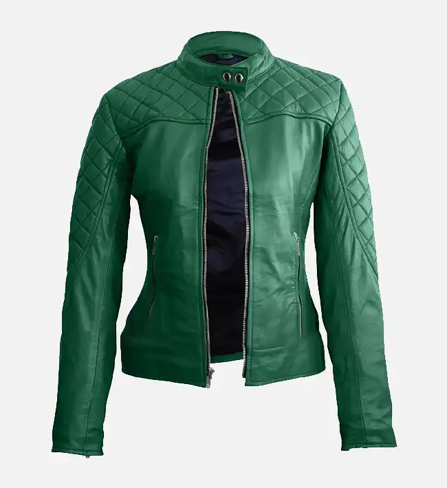 Women Green Quilted Stylish Premium Leather Jacket - Image 2