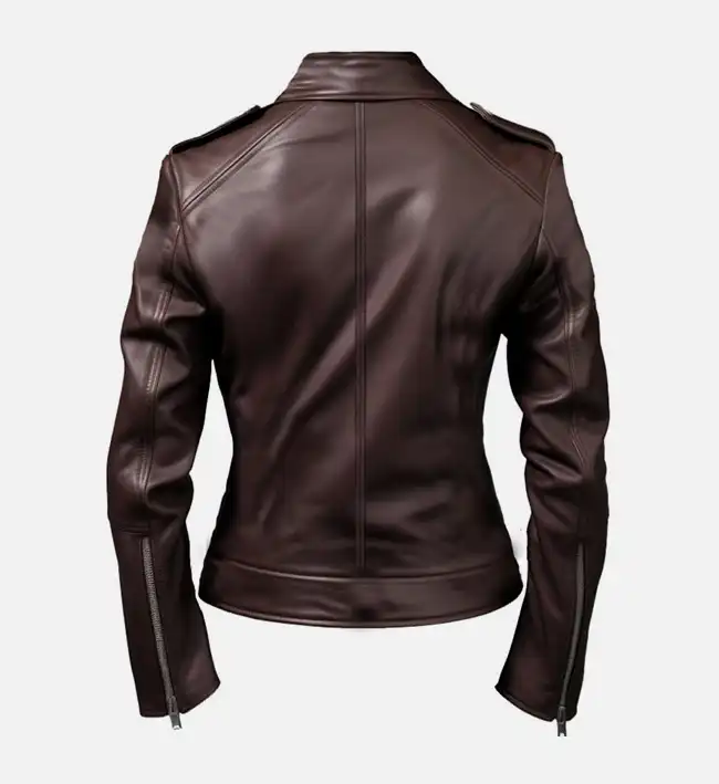 Women's Biker Leather Jacket Dark Brown - Image 2