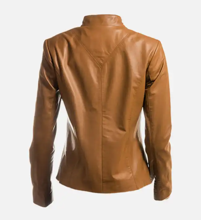 Women's Tan Plain Short Zipped Leather Jacket - Image 2