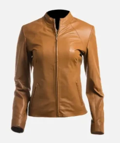 Women's Tan Plain Short Zipped Leather Jacket