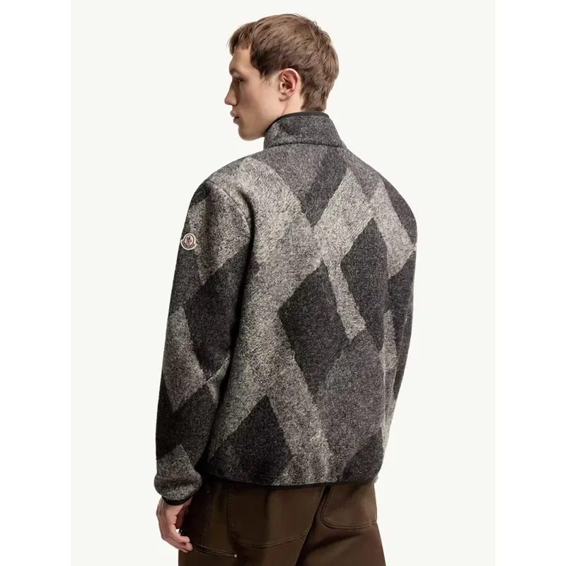 Diamond Pattern Wool Blend Zip-Up Cardigan - Image 3
