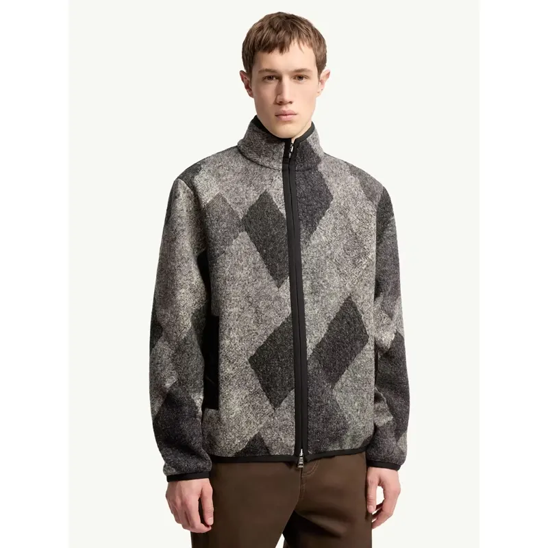 Diamond Pattern Wool Blend Zip-Up Cardigan - Image 2