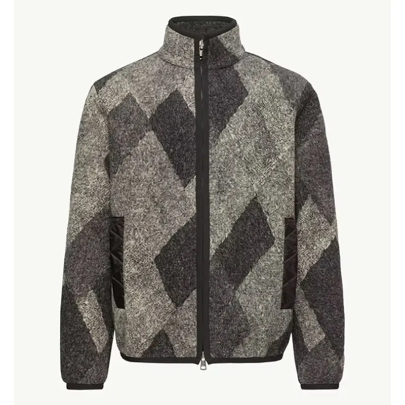Diamond Pattern Wool Blend Zip-Up Cardigan