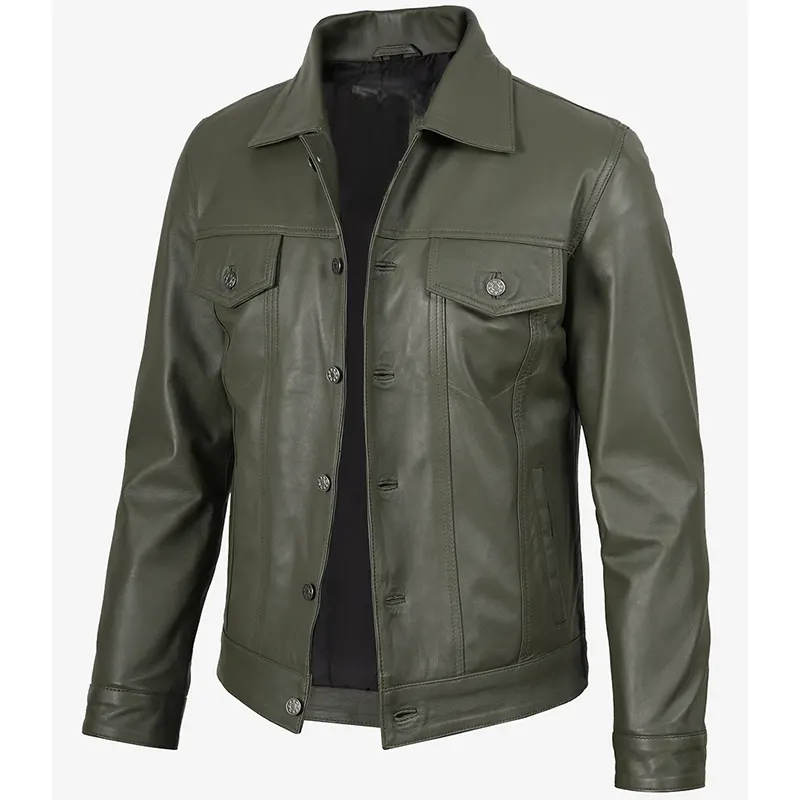 Men's Four Pockets Olive Green Trucker Leather Jacket - Image 2