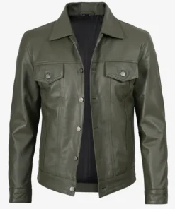 Men's Four Pockets Olive Green Trucker Leather Jacket
