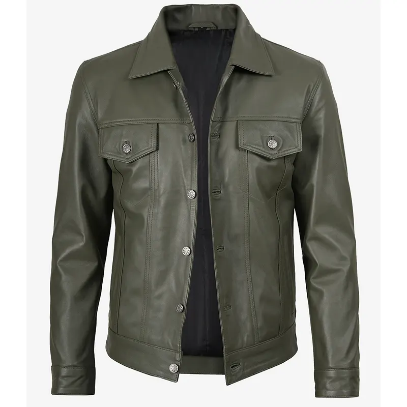 Men's Four Pockets Olive Green Trucker Leather Jacket