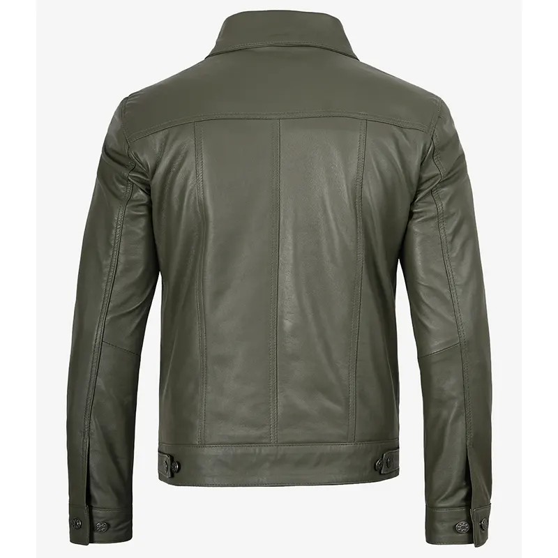 Men's Four Pockets Olive Green Trucker Leather Jacket - Image 4