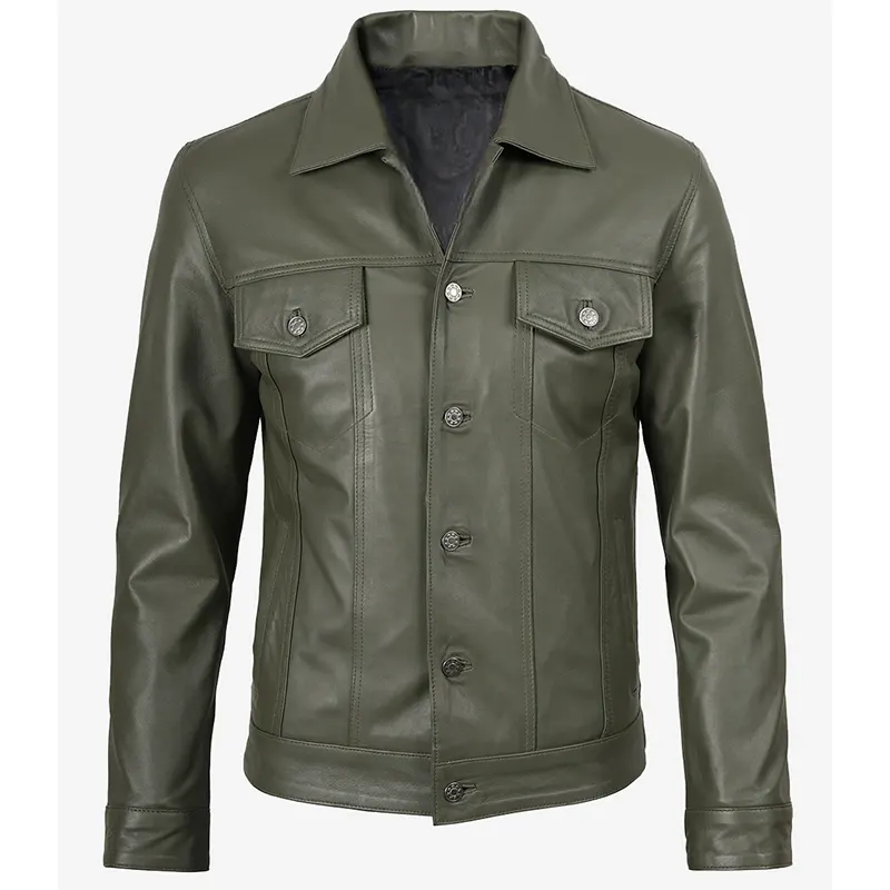 Men's Four Pockets Olive Green Trucker Leather Jacket - Image 3