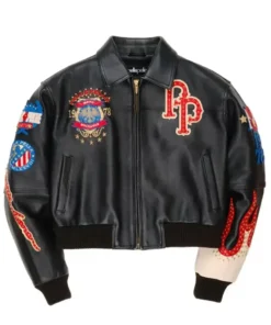 Men's High-quality PP Authentic WoMen's Black Genuine Leather Embroidered Diamond Short Jacket