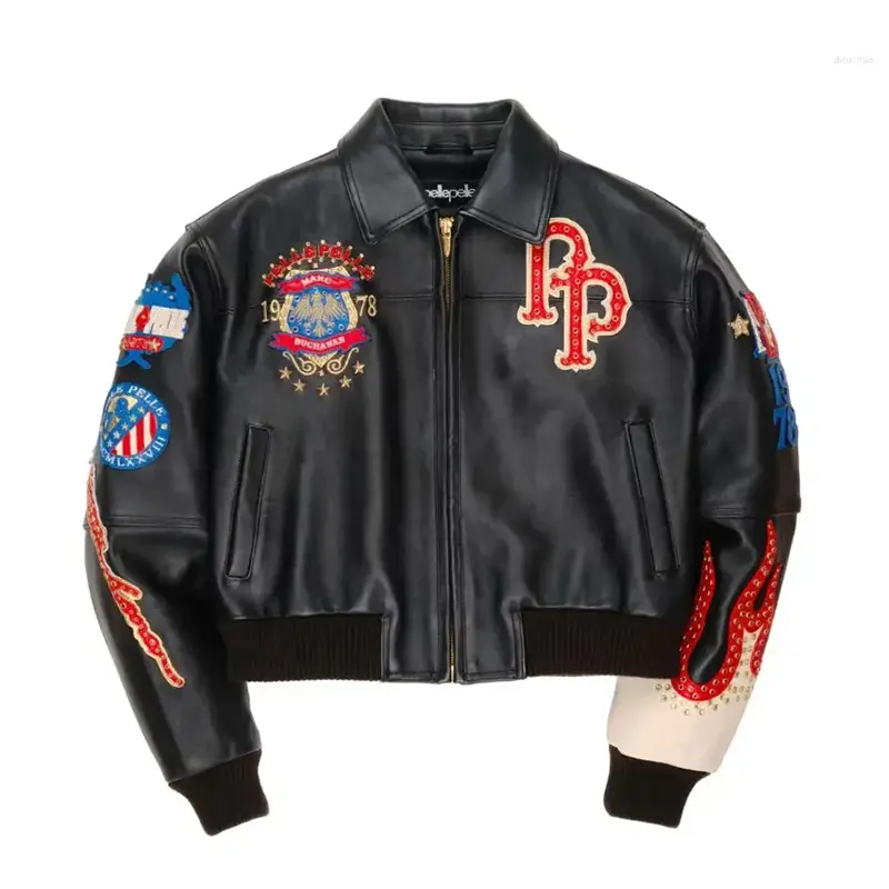 Men's High-quality PP Authentic WoMen's Black Genuine Leather Embroidered Diamond Short Jacket