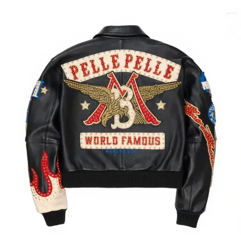 Men's High-quality PP Authentic WoMen's Black Genuine Leather Embroidered Diamond Short Jacket - Image 2