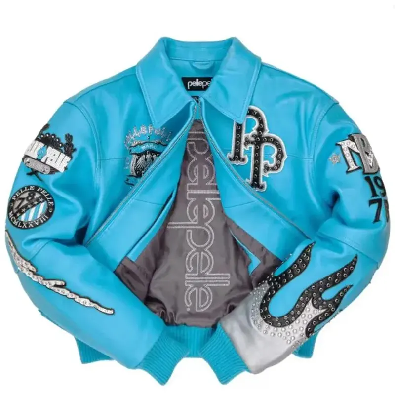 Men's High-quality PP Authentic WoMen's Blue Genuine Leather Embroidered Diamond Short Jacket