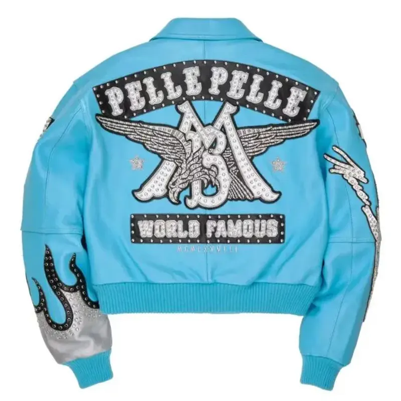 Men's High-quality PP Authentic WoMen's Blue Genuine Leather Embroidered Diamond Short Jacket - Image 2