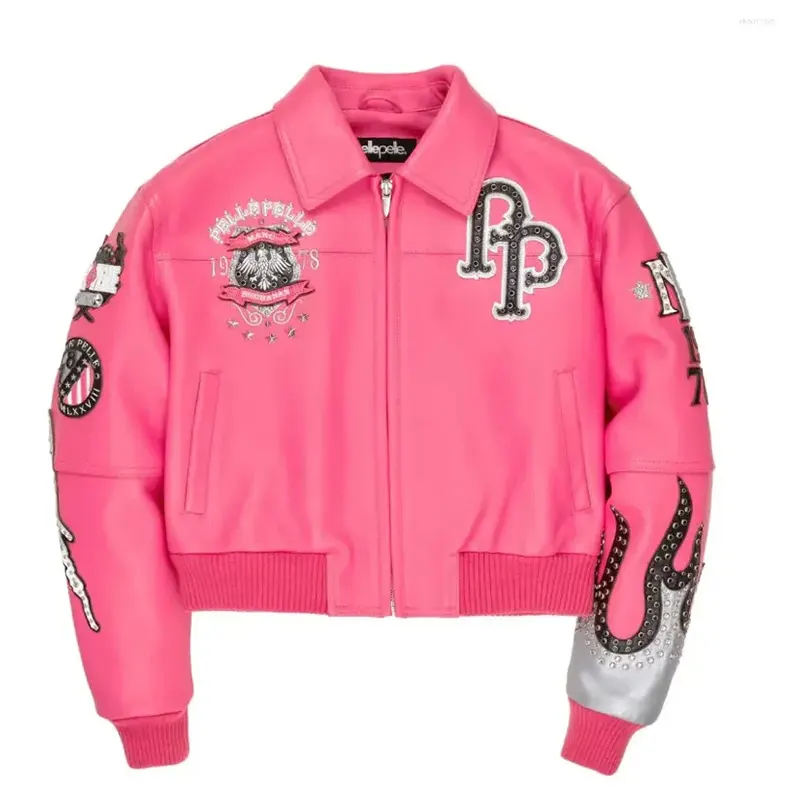Men's High-quality PP Authentic WoMen's Pink Genuine Leather Embroidered Diamond Short Jacket